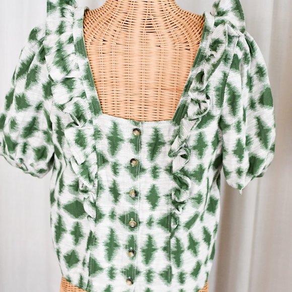 Sezane Green Tapestry Puff Sleeve Blouse - Picture 4 of 6